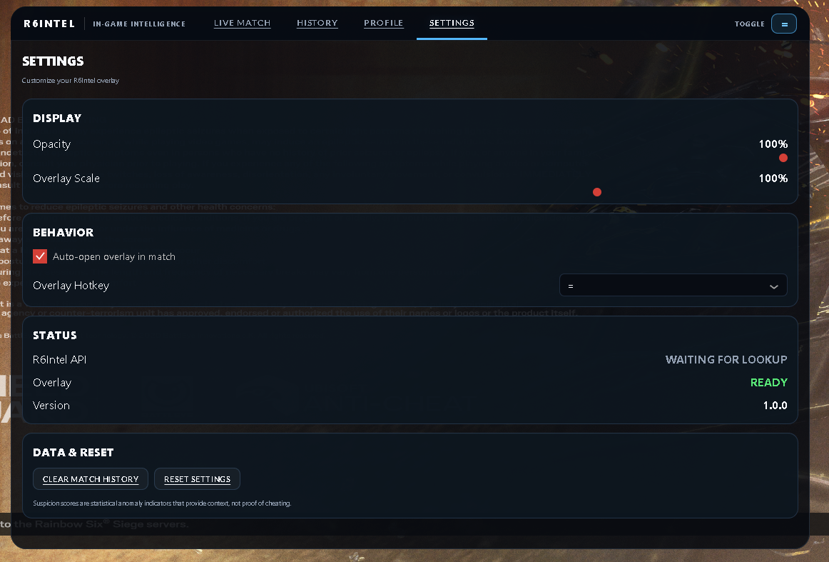 Development settings for display opacity, scale, hotkey and match history.